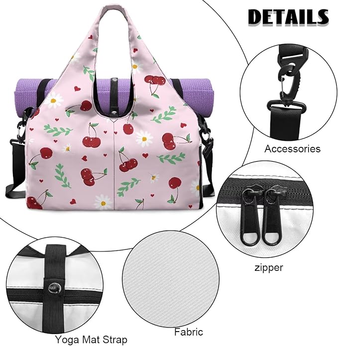 Pink Cherry Print Gym Bag with Yoga Mat Strap and Shoe Compartment, Portable Lightweight Gym Bag with Wet Pocket Water Resistant Gym Duffel for Swimming