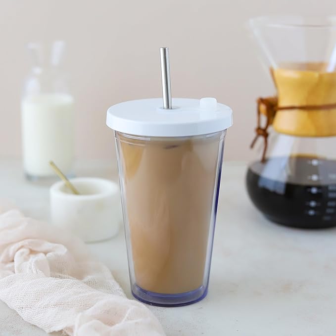 Reusable Iced Coffee Cup (16 Oz), Leakproof Iced Coffee Tumbler with Collapsible Steel Straw and Lid, Double-Wall Insulated, Shatter-Resistant, BPA-Free, Keeps Drinks Cold