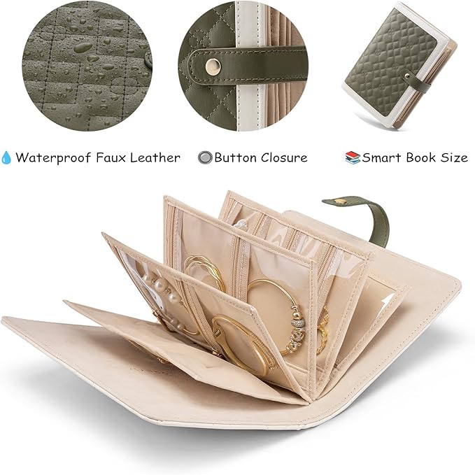 Vlando Jewelry Book Organizer - Leather Travel Jewelry Case with 5 Detachable Pages for Necklaces, Rings, Earrings, Tangle-Free, Giftable,Olive Green