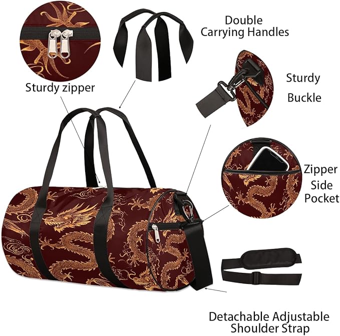 Sport Duffel Bag Troditional Chinsese Dragon Travel Duffle Bag Women Men Overnight Weekender Gym Bags with Adjustable Shoulder Strap