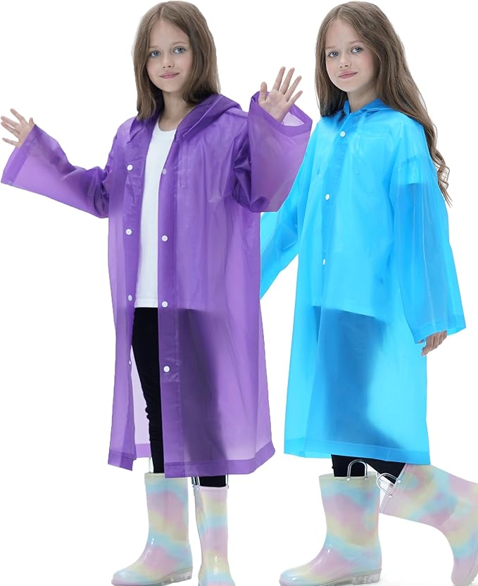 2 Pack Raincoats for Kids, Reusable Rain Ponchos with Hood and Sleeves Rain Coats for Boys and Girls