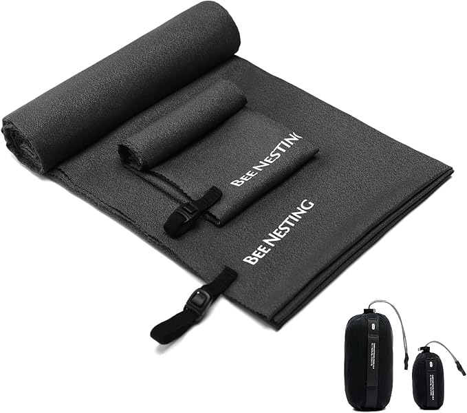 Bee Nesting Ultralight Quick Dry Towel, Extra Large&Small 2 Pack Microfiber Towels with Compact Packable Pocket for Lightweight Backpacking Travel Beach Gym Camping & Swimming Sports(Black 2 Set)