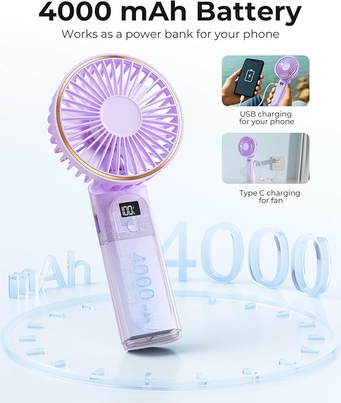 Portable Handheld Fan, 4000mAh, 180 Adjustable, 6 Speed Wind, USB Rechargeable Foldable Fan with Real-Time Electricity Display