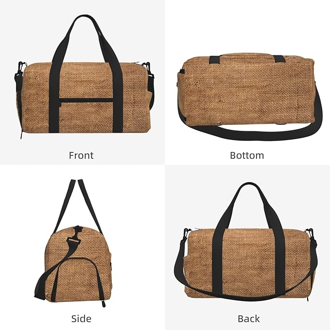 Brown Burlap Cloth Sack Texture Women'S Gym Duffle Bag With Shoes Compartment, Ideal For Travel, Gym, Sports, Duffel, Weekender