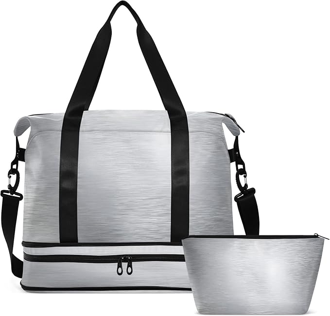 Travel Duffel Bags for Women Metallic Silver Print Sports Duffel Bags Gym Bags with Shoes Compartment Tote Bag Weekender Bag for Travelling