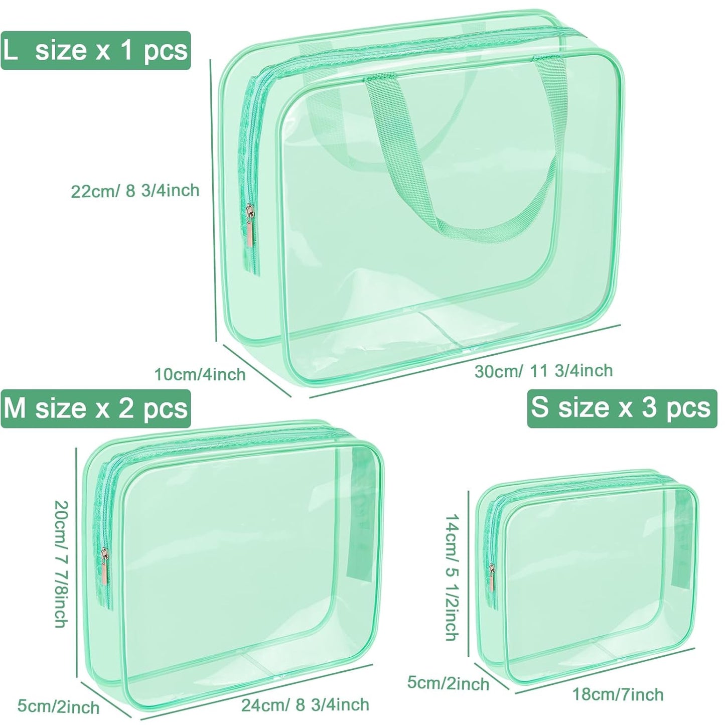 APREUTY Clear Makeup Bags, TSA Approved 6 Pcs Cosmetic Makeup Bags Set Clear PVC with Zipper Handle Portable Travel Luggage Pouch Airport Airline Vacation Organization (Mint Green)