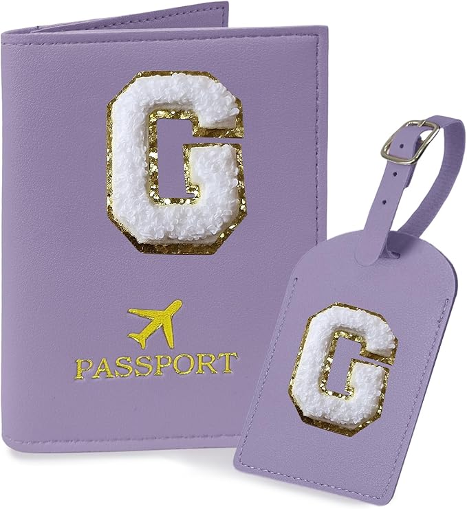 COSHAYSOO Purple Initial Passport Cover Holder and Luggage Tag Set TSA Approved with Chenille Letter Patch for Women Teenage Girls, Fashion Travel Bag Backpacks Suitcase Identifier Markers (G)