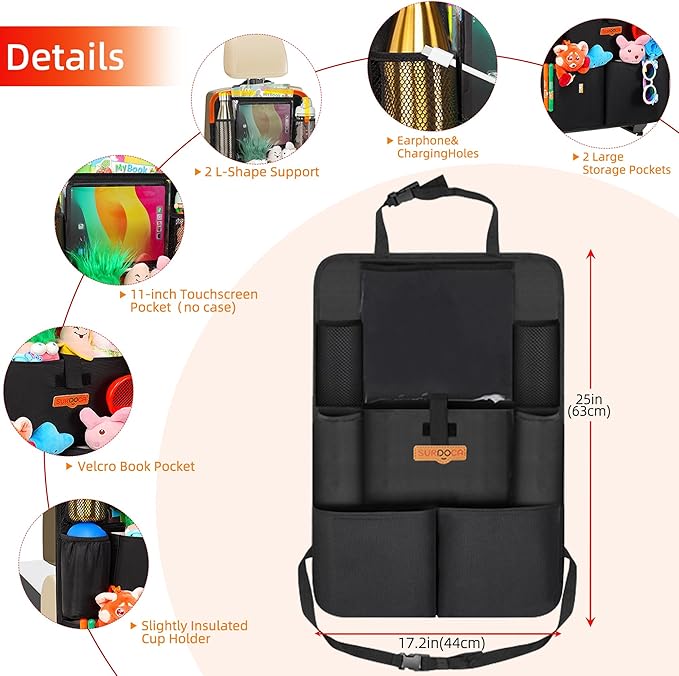 SURDOCA Upgraded Car Organizer with 11-inch Tablet Holder, 8 Pockets, Car Seat Protector for Road Trips - Car Storage and Organizers for Kids, Grey 2PC