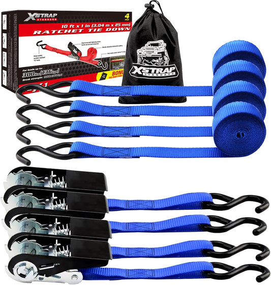 XSTRAP STANDARD Ratchet Tie Down Straps 4 Pk 10 Ft- 300 Lbs Load Cap- 900 Lbs Break Strength-Cargo Straps for UTV, ATV, Pickup,Truck, Moving Appliances, Lawn Equipment, Blue
