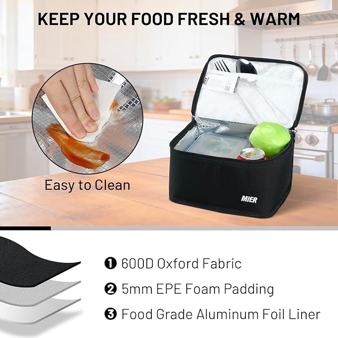 MIER Insulated Lunch Box for Men Women Kids Portable Small Lunch Bag 9 CAN Compact Thermal Mini Cooler for School Work Picnic, Black