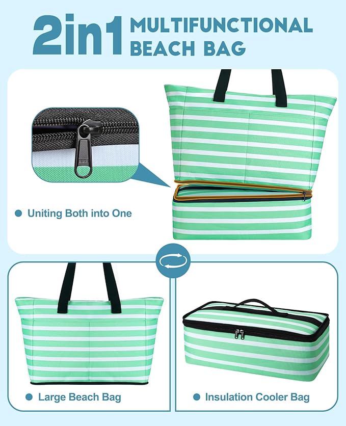 ISEYOU Beach Bag with Cooler, 49L Large Family Beach Tote with Zipper, Waterproof Sandproof Beach Bags for Women and Men, Foldable Lightweight Travel Bag for Pool, Picnic, Gym