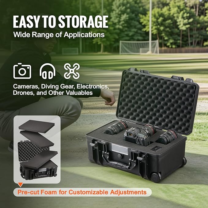 VEVOR Weatherproof Hard Case, Heavy Duty Protective Dry Box with Pre-Cut Foam, Wheels & Retractable Pull Handle for Travel, Hunt, Military, Tactical, IP67 Waterproof Case for Cameras (21.7*13.4*9.5")