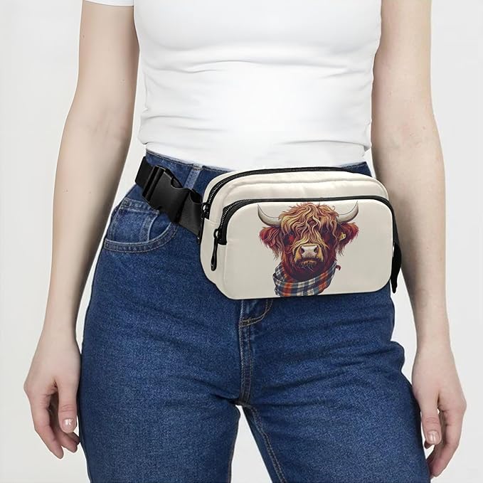 Scottish Highland Cow with Plaid Scarf Fanny Pack for Women Men Water Resistant Fashion Waist Packs with Adjustable Strap Belt Bag for Travel Workout Jogging Hiking 21218524