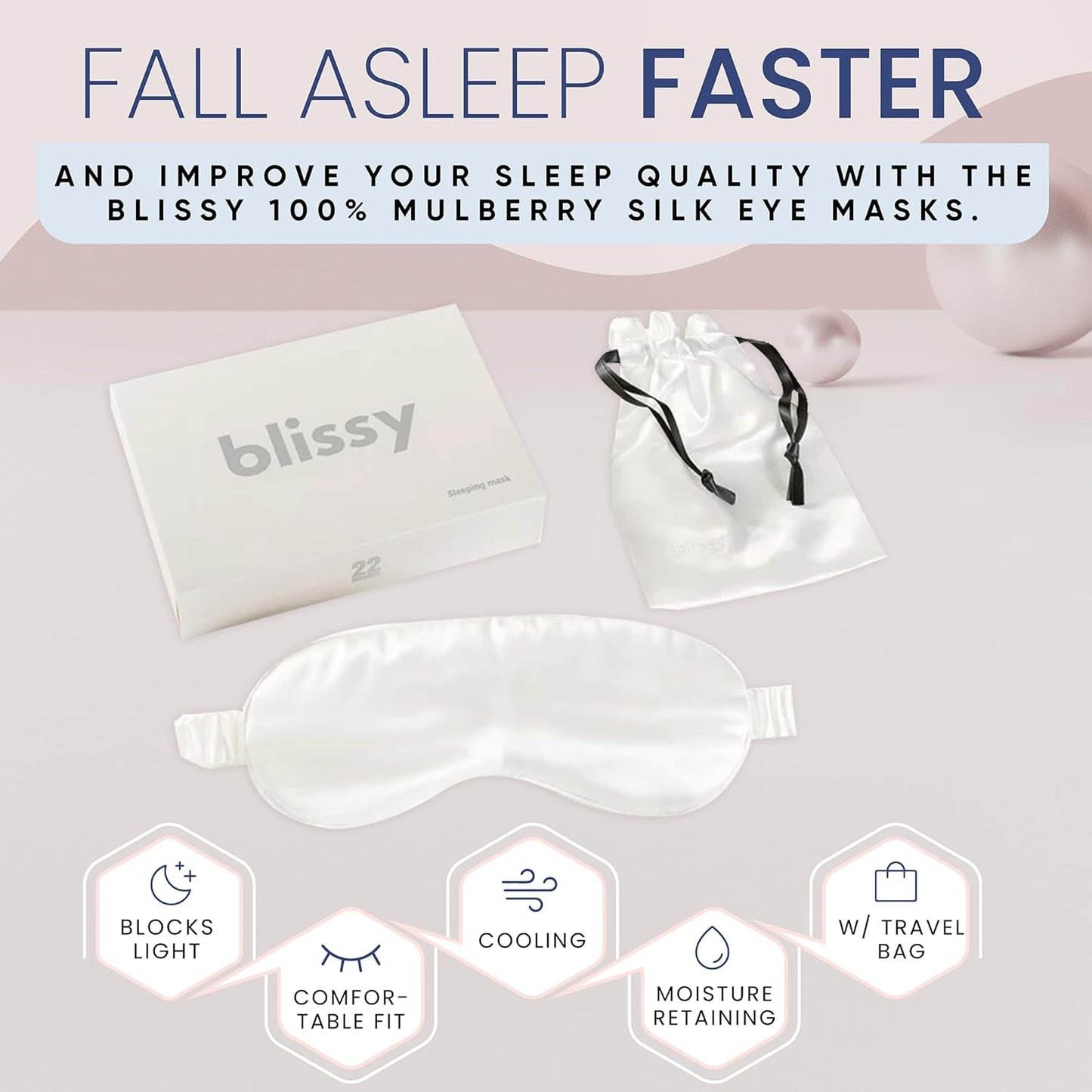 Blissy Silk Sleep Mask - Silk Eye Sleeping Mask for Women & Men for Total Blackout - 100% Pure Mulberry Silk, 22 Momme 6a Fibers - Blindfold Silk Sleep Mask Side Sleeper Eye Cover (White)
