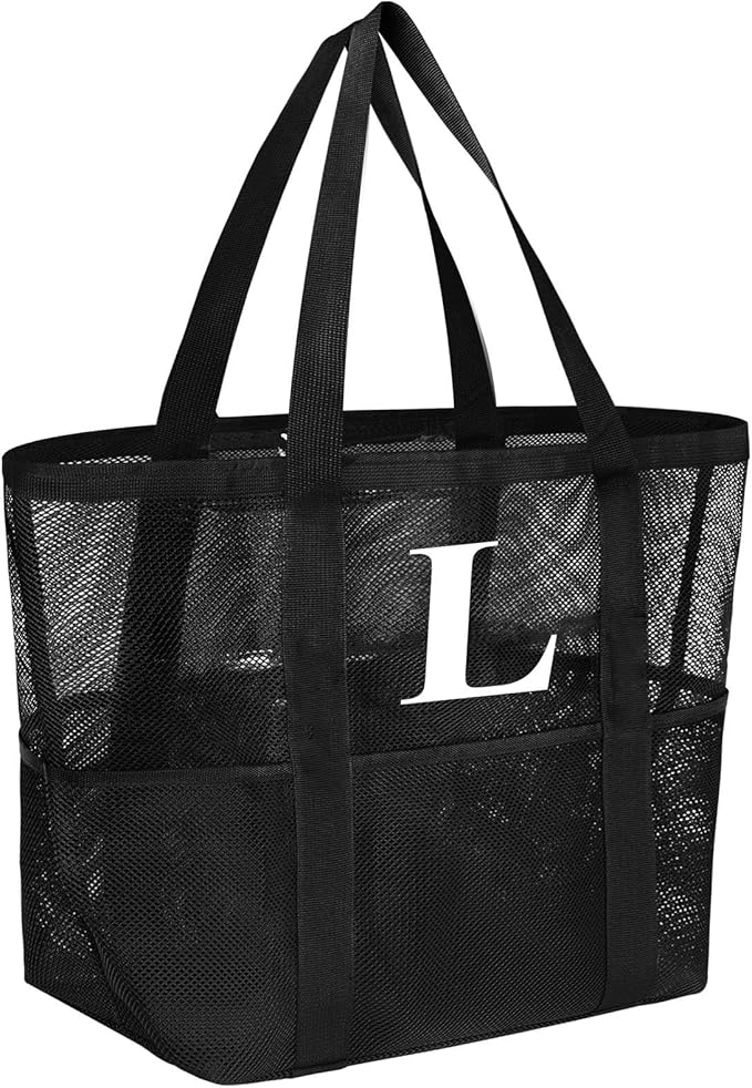 Personalized Mesh Beach Bag for Women - Waterproof Initial Tote Bag for Family Travel, Toys, Vacation Essentials