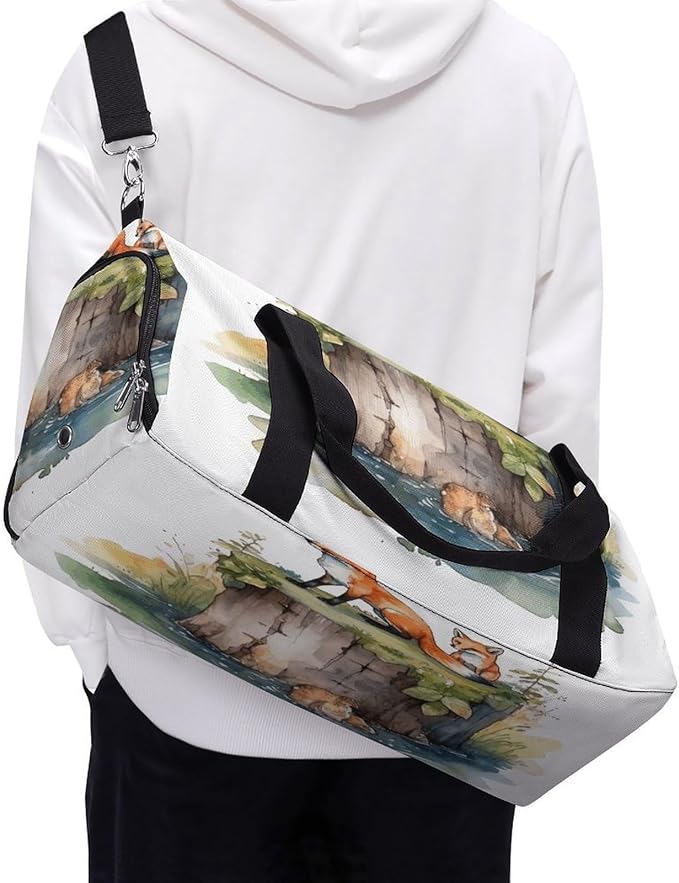 Oxford Cloth Hand Drawn Fox Gym Bag,Duffle Bag with Shoes Compartment And Adjustable Shoulder Straps，Weekender Bags for Men Women.