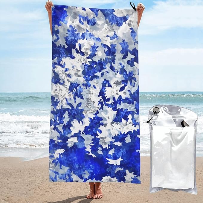 Blue And White Camouflage Sand Free Beach Towel – 27.5"X55" Quick Dry Microfiber Beach Towels For Travel, Swimming, Pool, And Camping, Absorbent And Compact Beach Essential For Women, And Men