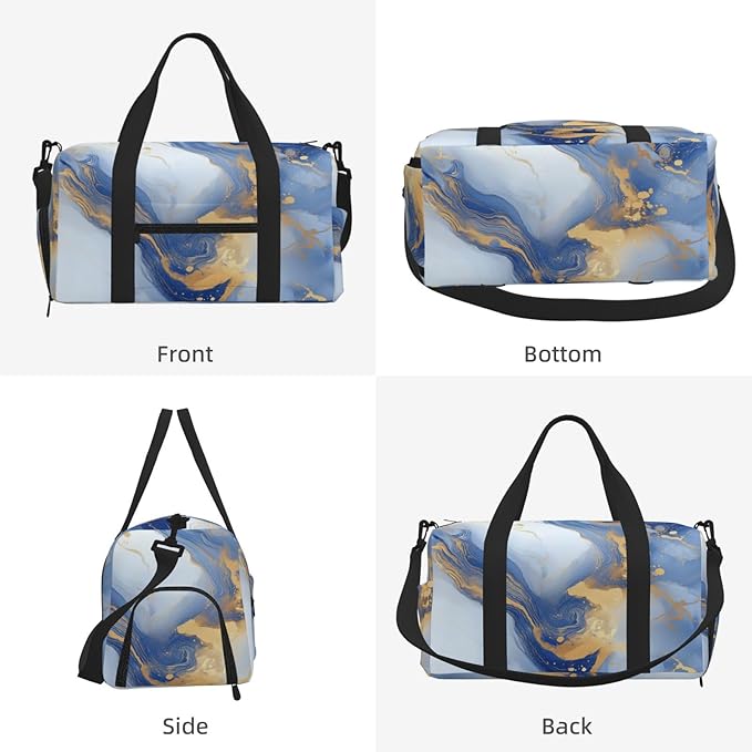 Sports Gym Bag Blue Golden Marble Pattern Travel Duffel Bag With Shoe Compartment Shoulder Strap, Lightweight Water-Resistant Weekend Overnight Totes For Women Men