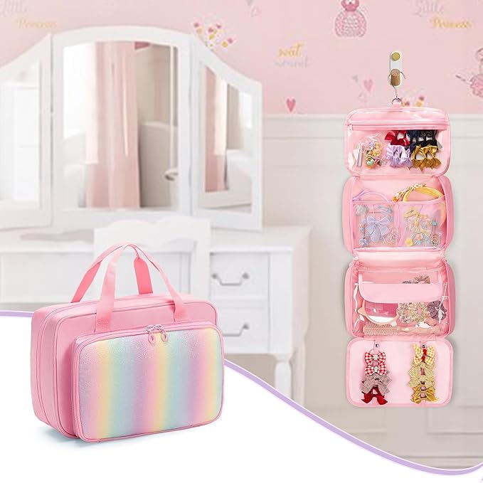 Hanging Hair Accessories Organizer for Baby Girls, Hair Bow Storage Bag, Travel Hair Stuff Case for Hair Clips, Hair Ties, Headbands, Scrunchies, Pink (Bag only)