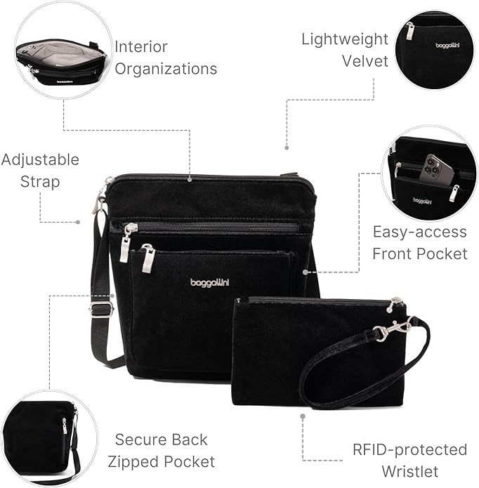 Baggallini Pocket Crossbody Bags for Women 8x8 Small Lightweight Durable Water-resistant Travel Purse W/Rfid