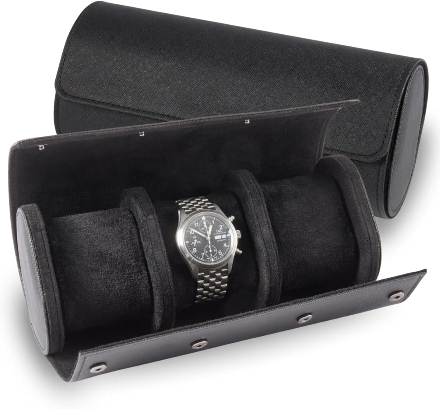 Bey-Berk Milani Leather Watch Roll - Luxury 3 Watch Travel Case for Men, Women, Genuine Leather with Soft Velour Lining and Snap Closure - Black