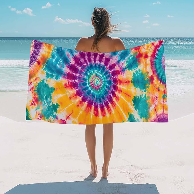 Abstract Tie-Dye Art Beach Towel 35" x 71" Purple Yellow Teal Watercolor Gradient Quick Dry Sand Free Pool Towels Soft & Absorbent Compact Towels Beach Accessories for Travel Bathroom Swimming Pool