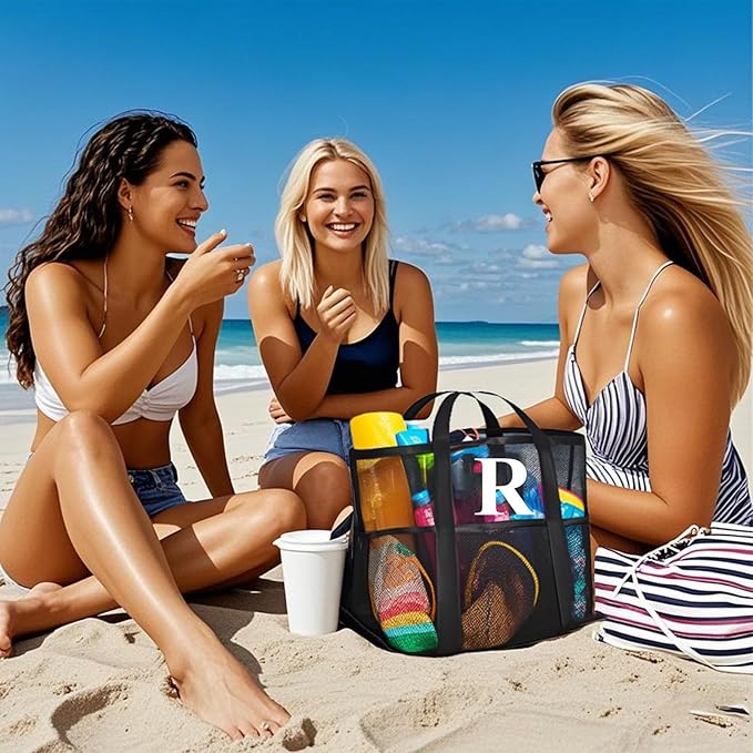 Personalized Mesh Beach Bag for Women - Waterproof Initial Tote Bag for Family Travel, Toys, Vacation Essentials