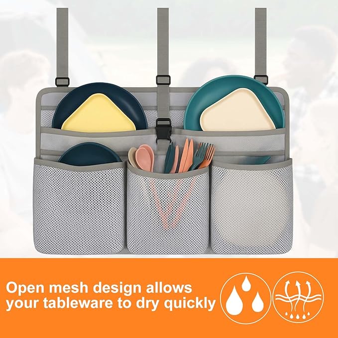 Camping Dish Drying Bag, Collapsible, Portable Mesh Drainer Rack for RV, Travel Trailers & Outdoor Kitchens, Space-Saving, Quick-Dry Organizer for Plates, Cups & Utensils (Gray)