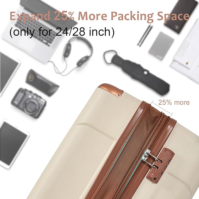 24 Inch Large Checked Luggage Hardside Suitcase with Spinner Wheels, Lightweight Expandable Hard Shell ABS Suitcases with TSA Lock, Large Travel Luggage for Women, Men, White Brown
