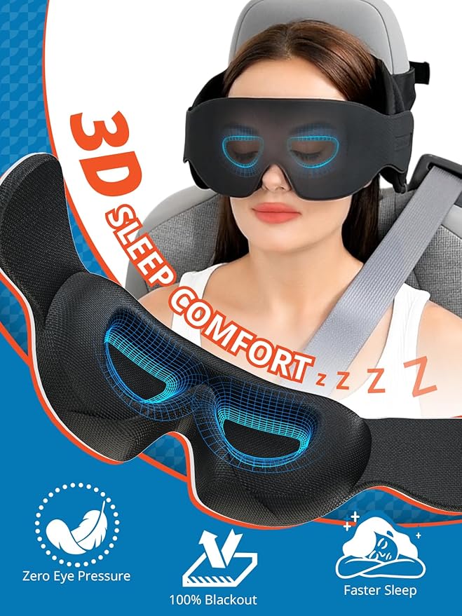 Travel Pillow, Car Travel Pillow with 3D Eye Mask for Sleep, 360° Head Support Strap for All Car Seat, Road Trip Essentials, Stop Bobblehead, Black
