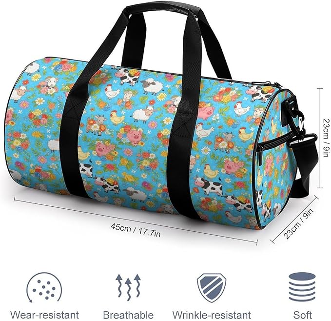 Foldable Gym Bag Farm Animals Cow Sheep Goat Chick Floral Lightweight Travel Sports Bag Carry On Weekender Overnight Bags Beach Yoga Bags