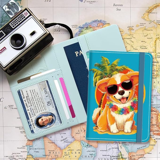 PU Leather Passport Holder Cover 5.9×4.3 Inch with Credit Card Slot and Boarding Pass Slot Combo Blocking Passport Holder Wallet Cover Case for Travel Boarding Essentials (Corgi)