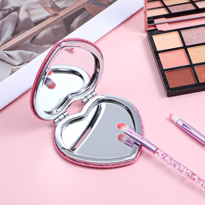 Compact Folding Mirror Heart Shaped Double-Sided 1X/2X Magnifying Mirror Cute Mini Glitter Makeup Mirror with PU Leather Ultra-Portable Cosmetic Mirror for Women Home Office Travel (Rose red)