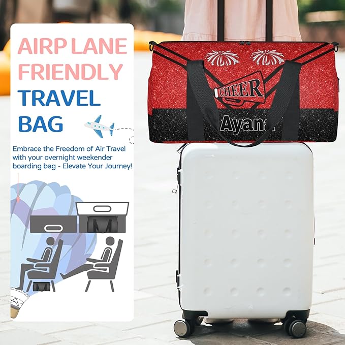 Personalized Travel Sports Bag for Teens, Custom Name Cheerleader Dance Gym Overnight Small Duffel Tote Bag for Practice Gymnastics Ballet, Red Glittering Cheerleading