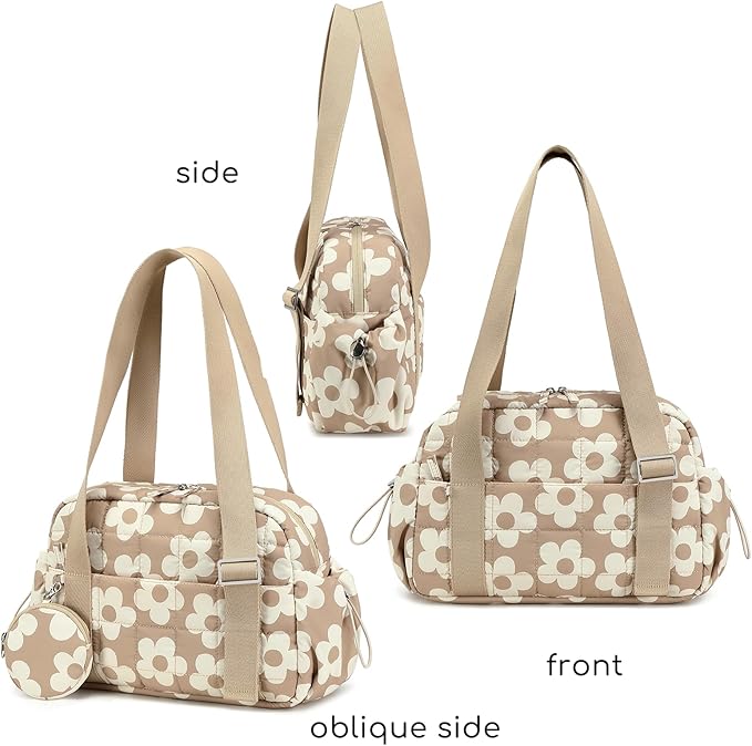 CAMTOP Mini Gym Bag for Women, Small Gym Tote Bag Puffy Quilted Sports Duffel Bag with Wet Compartment and Coin Purse Duffel Bags Dance Yoga Workout Bag for Gifts (Brown Flower, Mini-12.6")