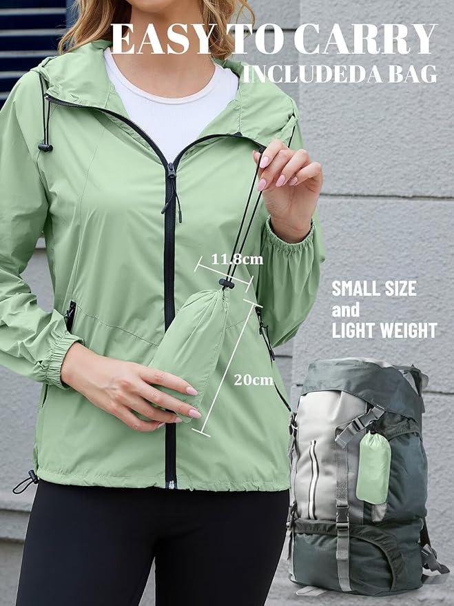 PITINAN Lightweight Rain Jacket Women Packable Wind Breaker Light Rain Jacket Women Waterproof Travel Raincoat S-XXL
