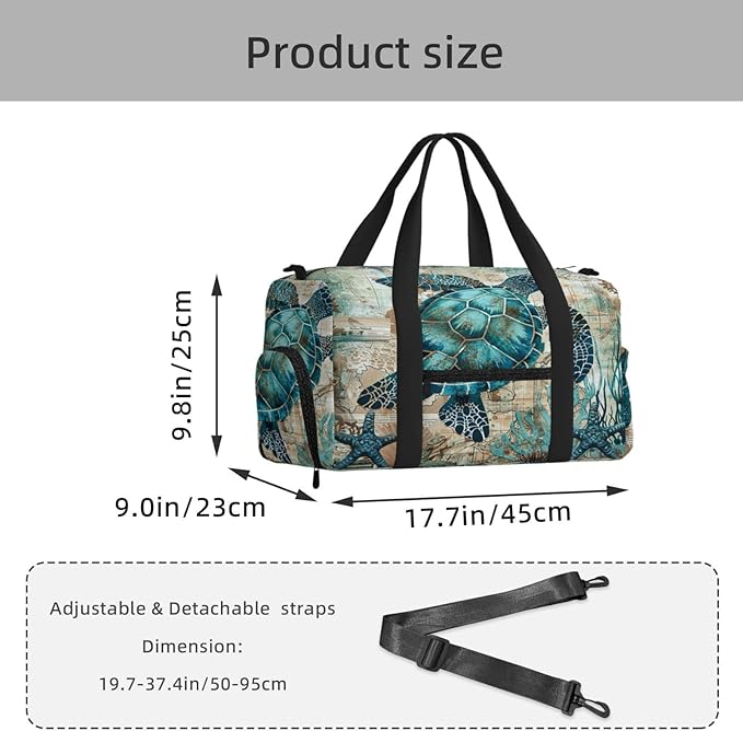 Sports Gym Bag Turquoise Sea Turtle Starfish Travel Duffel Bag With Shoe Compartment Shoulder Strap, Lightweight Water-Resistant Weekend Overnight Totes For Women Men