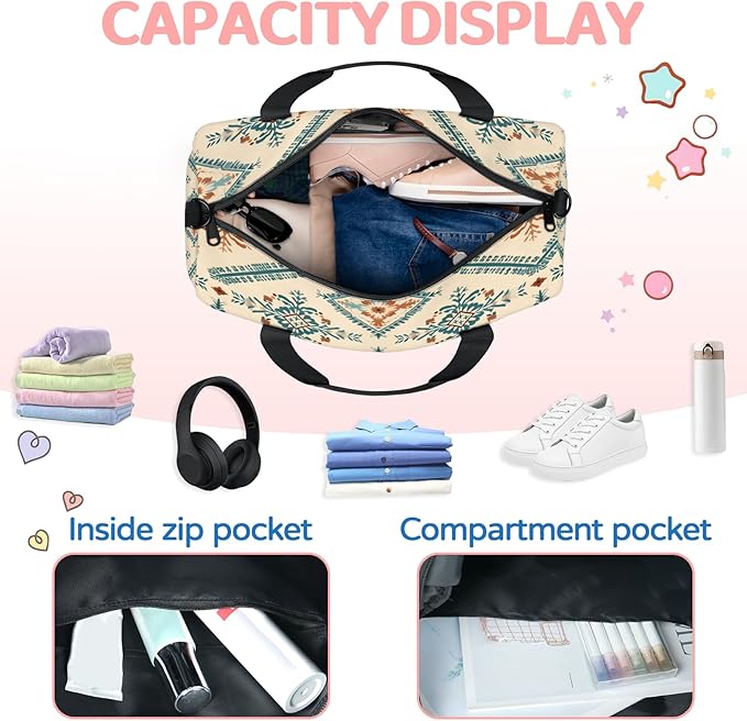 Boho Gym Bag for Women 17 inch Waterproof Carry On Overnight Weekender Bag Sports Duffel Tote Bags for Travel Workout