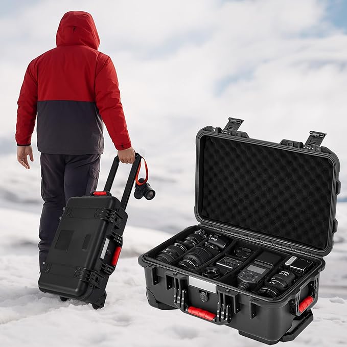 Waterproof Rolling Camera Hard Case 22x14x9 Inch, Impact-resistant Travel Case with Padded Dividers & Wheels for Cameras, Lenses & Accessories(Black)