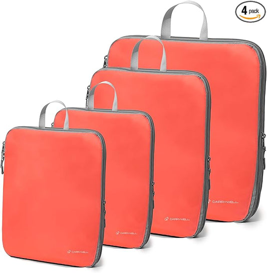 (Not Made In China) Compression Packing Cubes For Travel, Suitcase and Luggage Space Saver Organizer Bags, Lightweight, Waterproof Nylon, Durable, 4pc Set, Coral