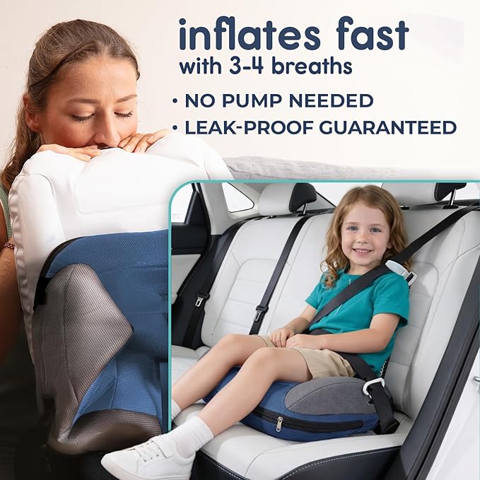 Hiccapop UberBoost Inflatable Booster Car Seat | Travel Booster Car Seat | Portable Booster Seat for Toddlers, Kids, Child (Navy/Gray)