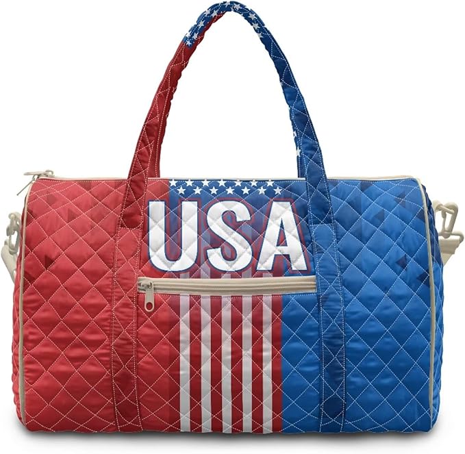 COEQINE American Flag Quilted Duffle Bag for Women Men Travel Red Blue USA Overnight Weekend Gym Carry On Luggage Bag Adjustable Shoulder Strap & Top Handle