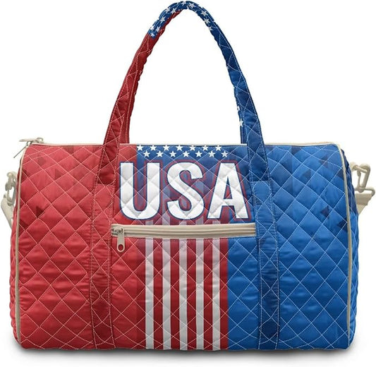 COEQINE American Flag Quilted Duffle Bag for Women Men Travel Red Blue USA Overnight Weekend Gym Carry On Luggage Bag Adjustable Shoulder Strap & Top Handle