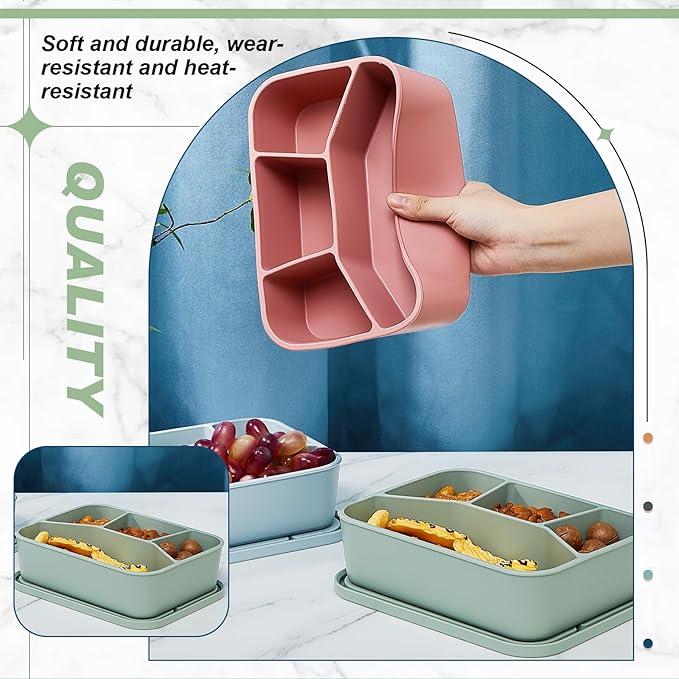 4 Pcs Silicone Bento Box Reusable Lunch Container Smooth Leak Proof Lunch Box Rectangle Bento Boxes for Adult Work Travel Food Meal Compartment Storage, 4 Colors (Classic Colors)