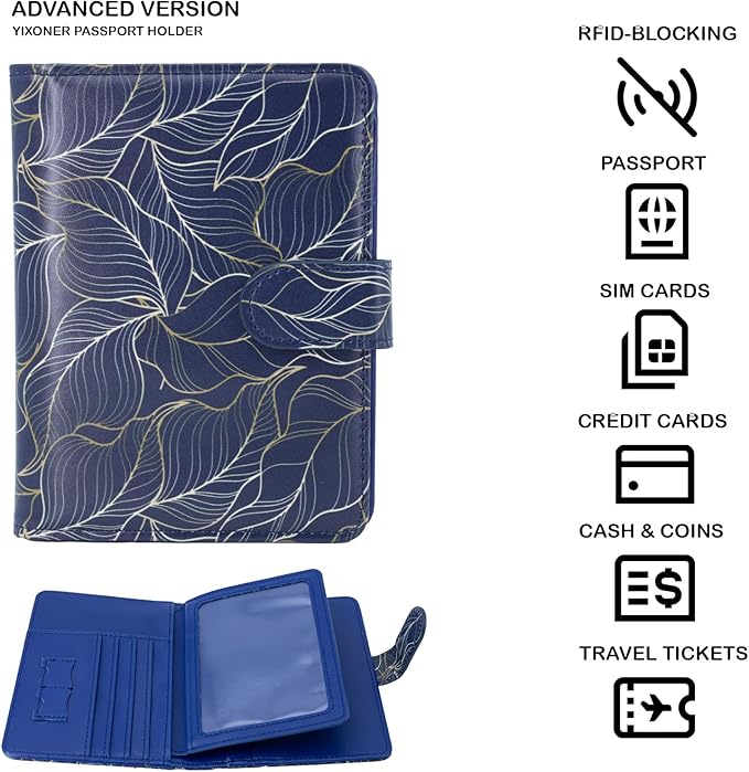 Passport Holder For Travel, RFID Blocking Passport Wallet, Passport Cover Secure & Front Pocket Money Holder For Men & Women, Travel Wallet, Golden Leaves In Blue, Advanced Version
