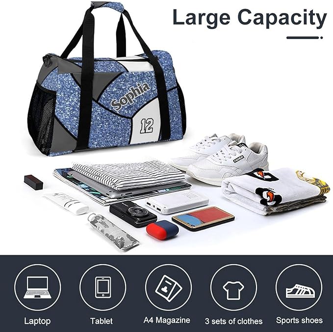 Custom Blue Volleyball Duffel Bag with Name Personalized Travel Bags Sport Gym Bag Carry On Weekender Bags for Men Women