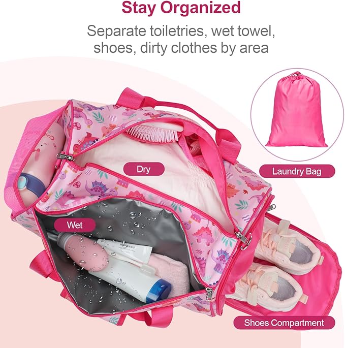 Bagseri Dance Bag for Girls - Kids Duffle with Shoe Compartment, Gymnastics Tote for Sleepover Travel with Water Resistant Wet Pocket (Pink & Crown Dinosaur)