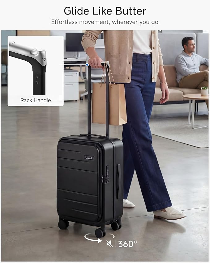 LUGGEX Carry On Luggage Top Opening & Front Opening, FLP Aluminum Frame Trunk Style Luggage with Front Laptop Pocket, Polycarbonate Hard Shell Suitcase (FX- Enhance, Blue, 21 Inch, 38L)
