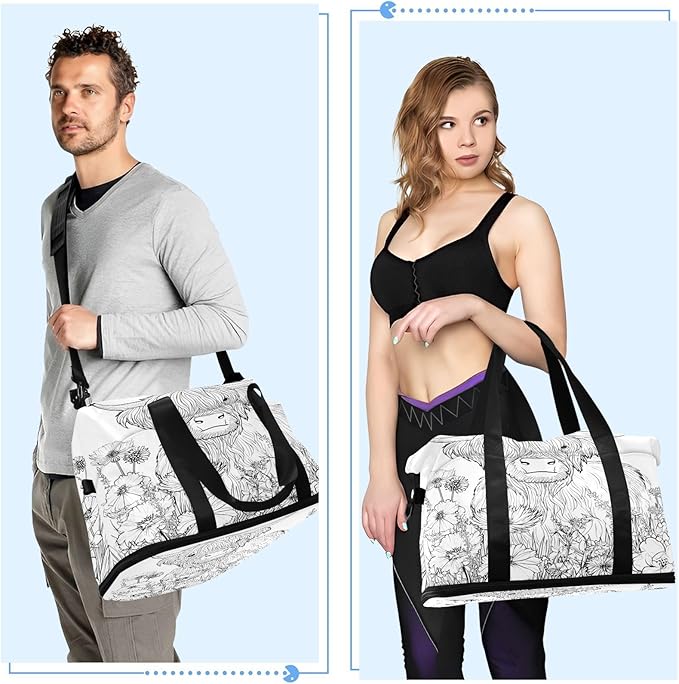 Travel Duffel Bags for Women Floral Highland Cow Line Art Print Sports Duffel Bags Gym Bags with Shoes Compartment Tote Bag Weekender Bag for Travelling