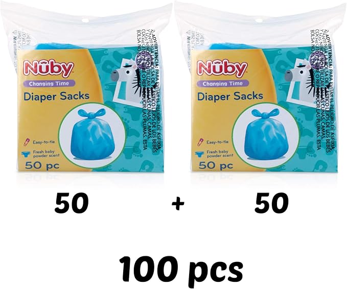 Nuby Diaper Disposable Bags, Fresh Baby Powder Scent, 2 Pack (50 Count Each Pack)